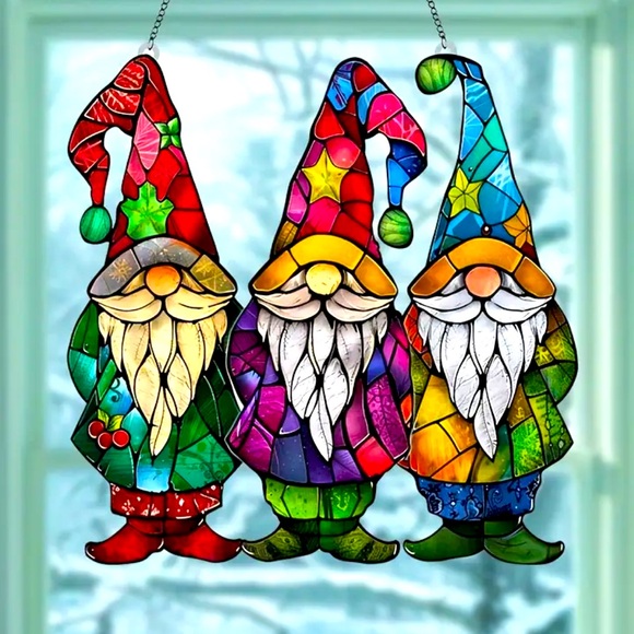 Stained Glass Gnome Window Hanger 3 Gnomes Waterproof Scratch Chemical Resistant - Picture 4 of 7
